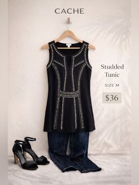 Cache Studded Black Sleeveless Tunic Top Size M Edgy Chic